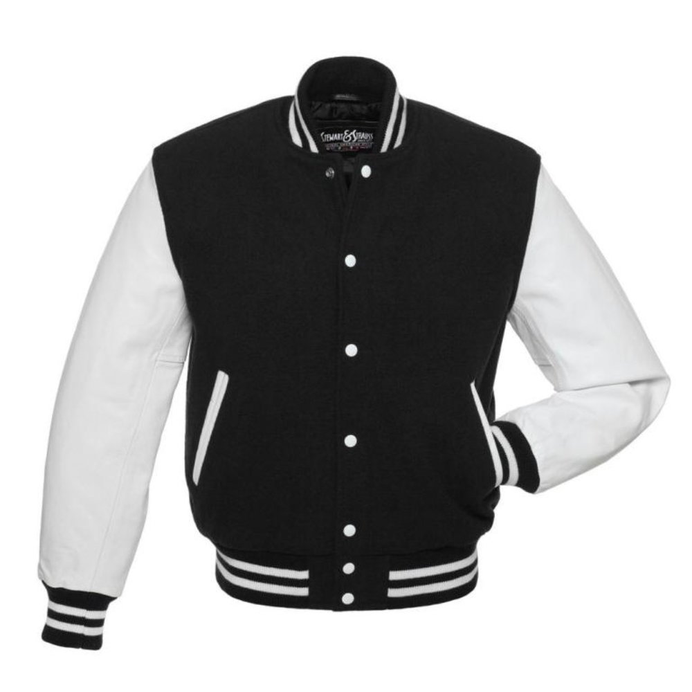 Original Stewart & Strauss Black Wool/White Leather Letterman Jacket C101, XS